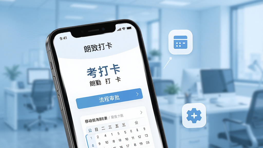 朗致云服移动办公功能展示图,画面主体为手机屏幕特写,屏幕内展示考勤打卡与流程审批界面,旁边配有简洁的图标元素,背景为浅蓝色办公场景虚化,风格商务简约,细节清晰,画质高清,干净无多余元素