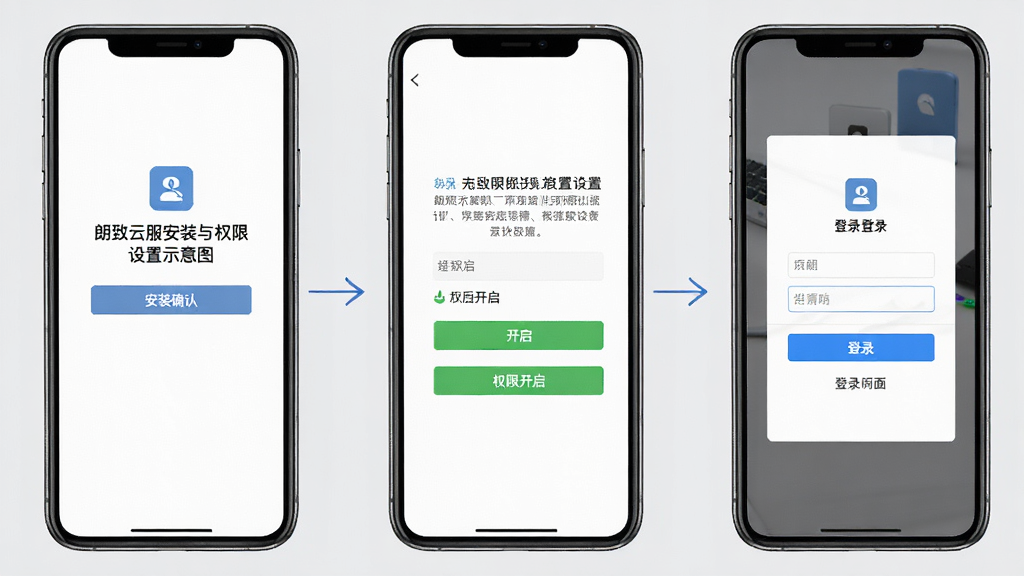 朗致云服安装与权限设置示意图,画面展示手机屏幕依次显示安装确认、权限开启、登录界面三个步骤,背景为简洁的浅灰色,风格清晰直观,细节明确,画质高清,干净无多余元素