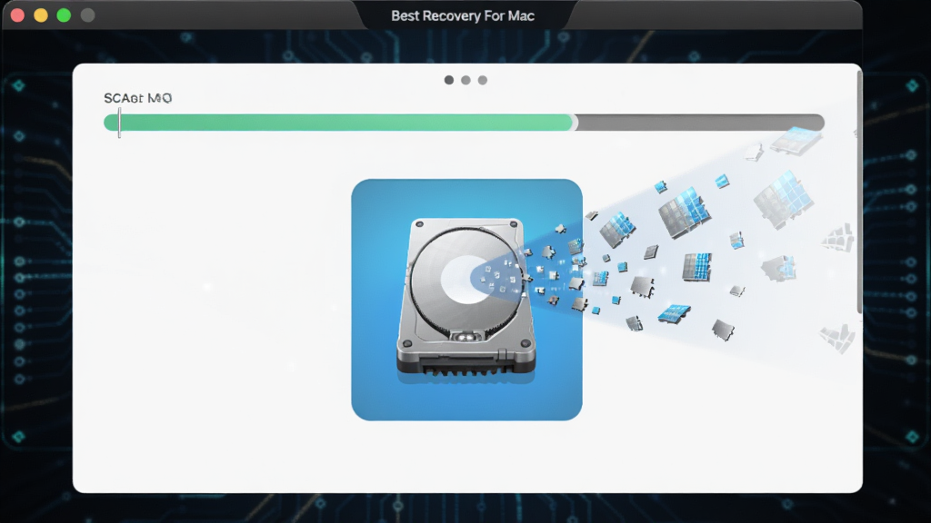 一张展示Best Recovery For Mac软件扫描过程的图片,界面中有一个进度条和正在被扫描的硬盘图标,周围有数据碎片飞入的视觉效果,背景是深色科技风格,细节清晰,画质干净,无多余元素