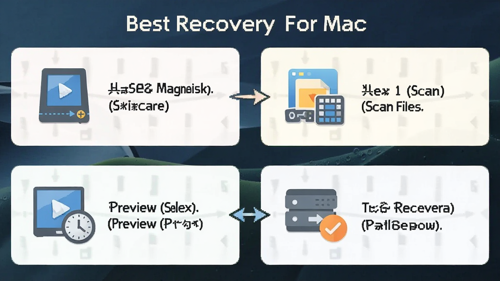 一张展示Best Recovery For Mac使用流程的示意图,画面分为四个步骤,分别是选择磁盘、扫描文件、预览勾选、保存恢复,每个步骤配有简洁图标和简短文字说明,风格扁平化,细节清晰,画质干净,无多余元素