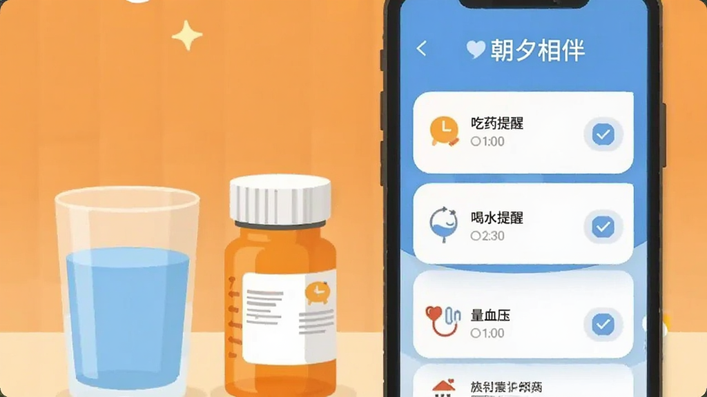 画面中一部手机屏幕显示朝夕相伴的健康提醒界面,界面中有“吃药提醒”“喝水提醒”“量血压”等卡片,卡片上有时间图标和勾选按钮。手机旁边放着一杯水和药瓶,背景是温暖的橙色渐变,风格温馨简洁,扁平化插画,画质干净,无多余元素。