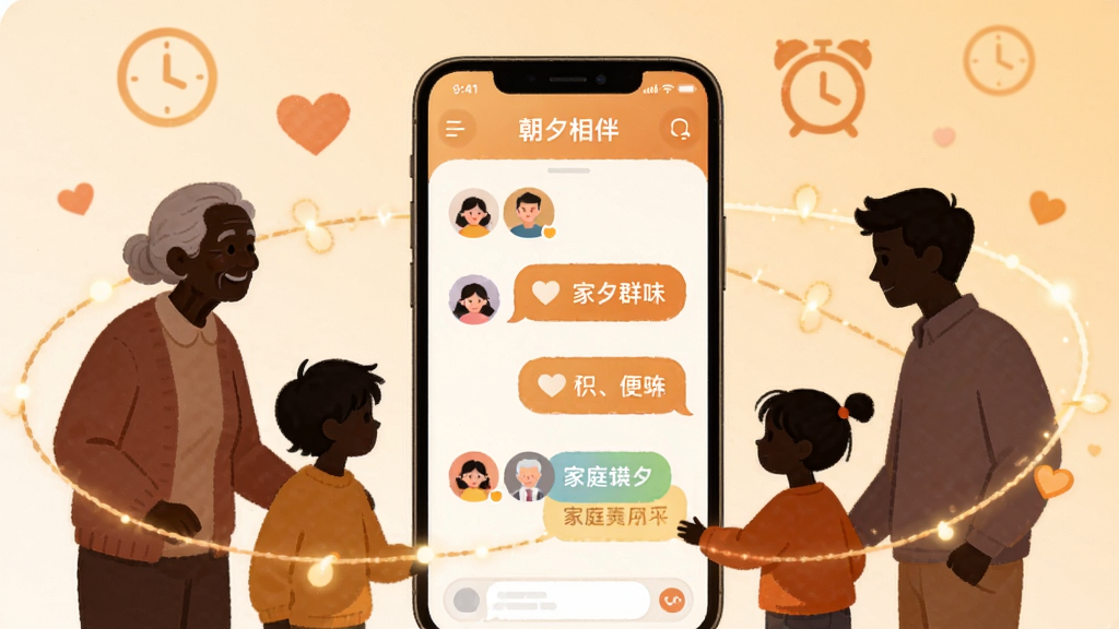 画面中央是一部智能手机,屏幕上显示着朝夕相伴应用的界面,界面中有家庭群组头像和温馨的聊天气泡。手机周围环绕着代表家庭成员的人物剪影,有老人、年轻人和小孩,彼此之间用暖色调的光线连接。背景是柔和的米黄色渐变,点缀着爱心和时钟图标。整体风格温暖亲切,扁平化插画风格,细节清晰,画质干净,无多余元素。