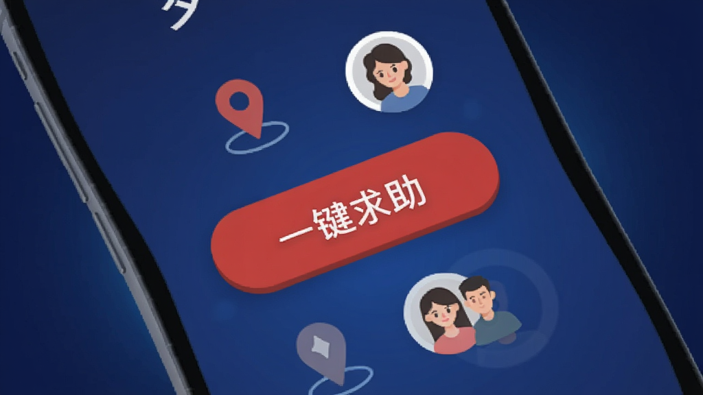 画面中一部手机屏幕显示朝夕相伴的紧急求助界面,界面中央有一个醒目的红色按钮,按钮上写着“一键求助”。按钮周围有定位图标和家庭成员头像。背景是深蓝色,带有轻微的光晕效果,风格简洁醒目,扁平化设计,画质干净,无多余元素。