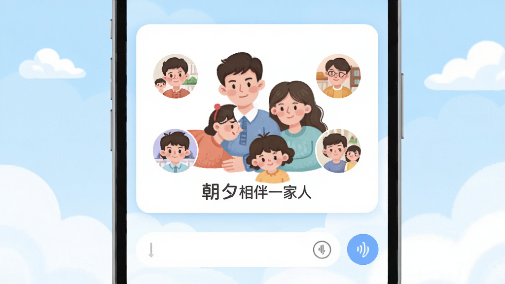 画面展示一个温馨的家庭群组界面,屏幕中央是名为“朝夕相伴一家人”的群组卡片,卡片上有家庭成员头像环绕。卡片下方是聊天输入框和语音按钮。背景是淡蓝色天空和白云,风格清新明亮,扁平化设计,细节精致,画质干净,无多余元素。