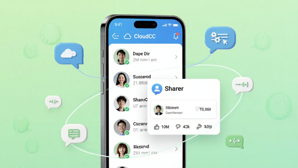 一张展示CloudCC CRM团队协作功能的AI生图,画面中央是一部智能手机,屏幕中显示着团队成员头像列表和共享的客户信息卡片,手机周围环绕着连接线和小气泡图标,背景为浅绿色渐变,整体风格清新友好,布局清晰,画质干净,无多余元素