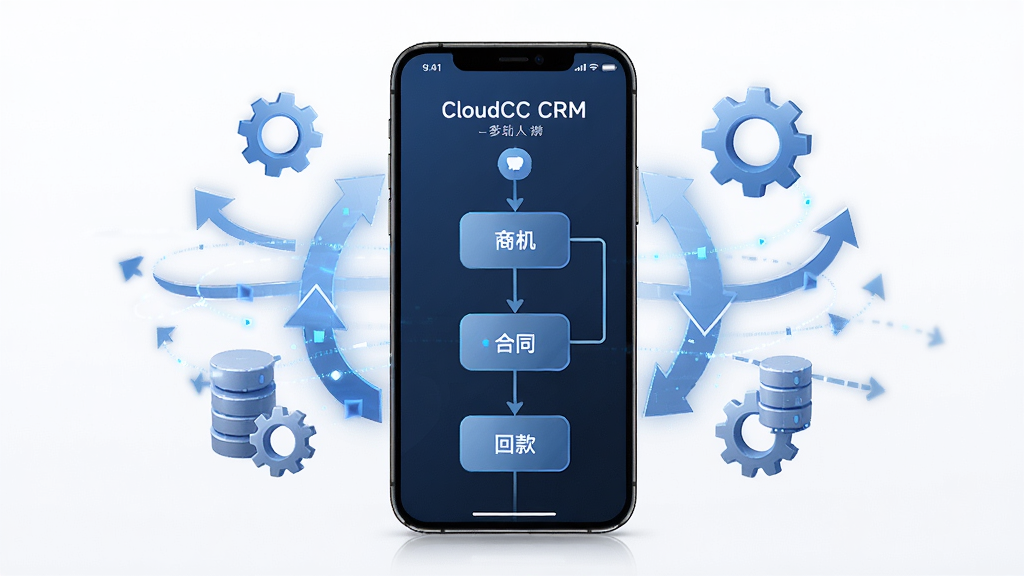 一张展示CloudCC CRM移动销售自动化流程的AI生图,画面中央是一部智能手机,屏幕中显示着自动化工作流的节点图,包含线索、商机、合同、回款等环节,手机周围环绕着齿轮和箭头图标,背景为白色,整体风格科技感十足,布局对称,画质清晰,无多余元素