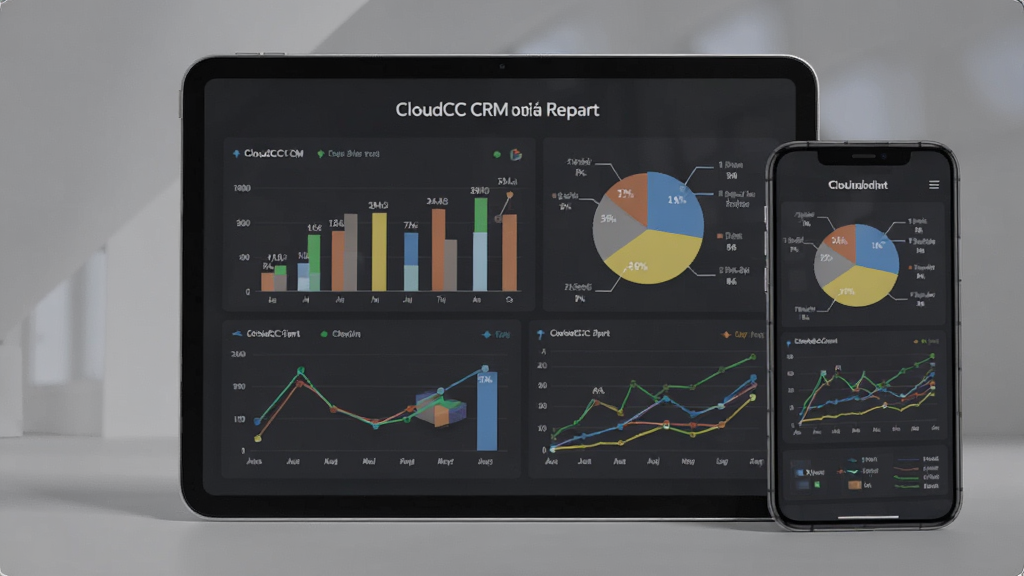一张展示CloudCC CRM数据报表功能的AI生图,画面主体是一部横放的平板电脑和一部手机并排展示,屏幕上显示着彩色柱状图、饼图和折线图,数据标签清晰可见,背景为深灰色,整体风格商务专业,布局整齐,画质细腻,无多余元素