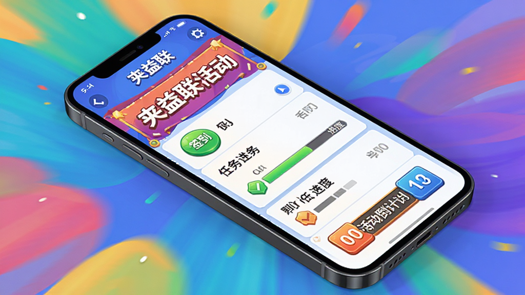 夹益联每日任务活动页面展示,主体为手机屏幕显示任务列表和活动横幅,布局为手机斜放在彩色背景上,排版活泼动感,风格为游戏化界面,细节包括签到按钮、任务进度条、活动倒计时,画质高清,画面干净无多余元素,图片中文字标注“夹益联”