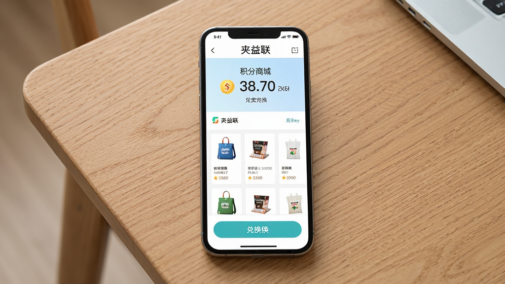 夹益联积分兑换界面展示,主体为手机屏幕显示积分商城页面,布局为手机竖屏放置在木质桌面上,排版突出积分数字和兑换商品列表,风格为清新简洁,细节包括积分图标、商品缩略图、兑换按钮,画质高清,画面干净无多余元素,图片中文字标注“夹益联”