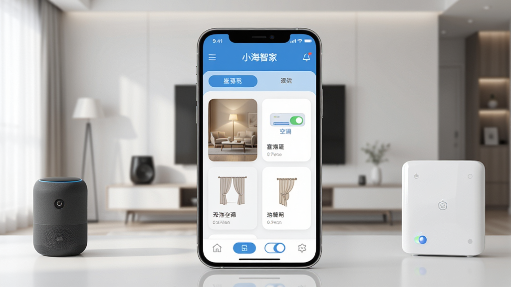 ����������һ�������ֻ�����Ļ����ʾ��С���Ǽҡ�APP�����棬�������п����ƹ⡢�յ����������豸��Ƭ���������ִ���Լ���Ŀ�����������������䣬�Ҳ����������أ����岼�ָɾ����࣬���Ϊдʵ�Ƽ��磬ϸ�ڰ����豸ͼ�ꡢ״̬���غͷ����л���ǩ�����ʸ��壬�ɾ����޶���Ԫ��