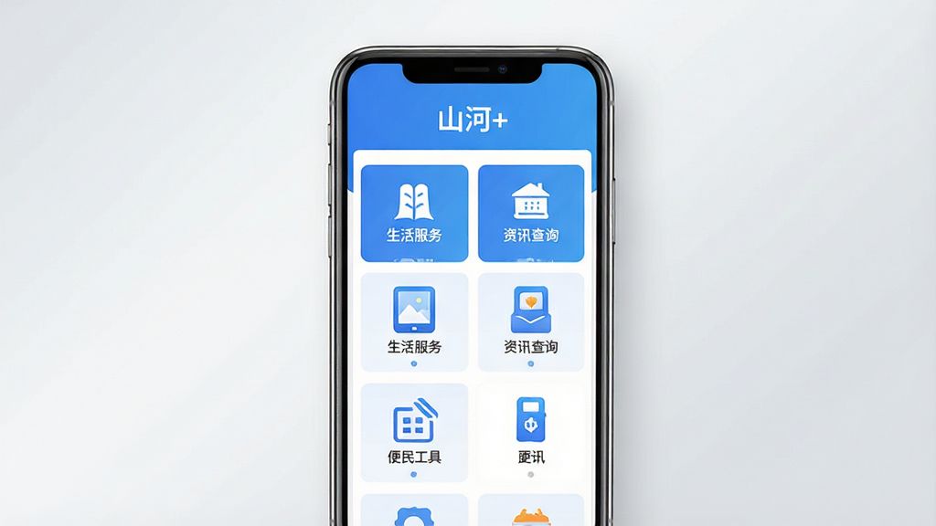 一张展示“山河+”手机应用主界面的预览图,画面中央是一部竖屏智能手机,屏幕内显示“山河+”APP的首页界面,顶部有“山河+”字样,页面包含生活服务、资讯查询、便民工具等多个功能模块入口,图标排列整齐,配色以蓝白为主,背景为简洁的浅灰色渐变,整体风格现代清新,画质清晰干净,无多余元素