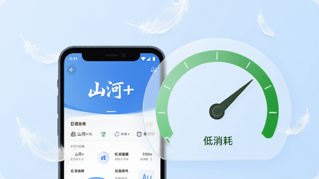 一张展示“山河+”应用轻量运行特性的图片,画面是一部安卓手机屏幕显示“山河+”界面,旁边有一个半透明的仪表盘图形,指针指向绿色低消耗区域,手机周围有轻盈的羽毛飘落,象征轻量流畅,背景为柔和的浅蓝色,风格简约现代,画质清晰,无多余元素
