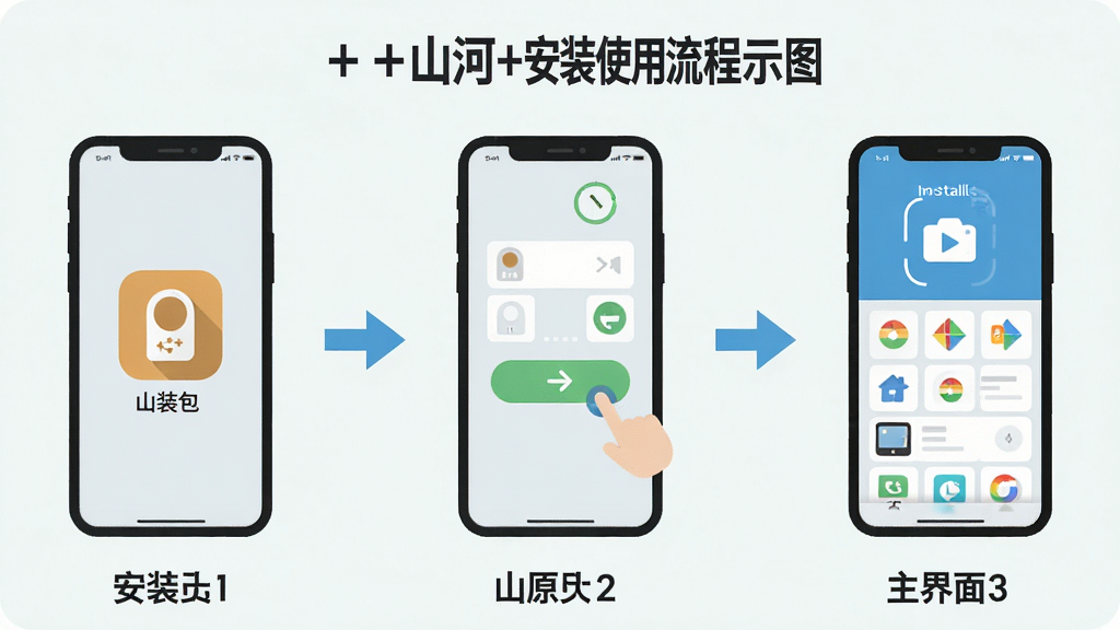 一张展示“山河+”应用安装使用流程的示意图,画面分为三个步骤,第一步是手机下载安装包,第二步是点击安装按钮,第三步是打开应用主界面,每个步骤配有简洁图标和箭头引导,背景为浅色,风格扁平化信息图,画质清晰,无多余元素