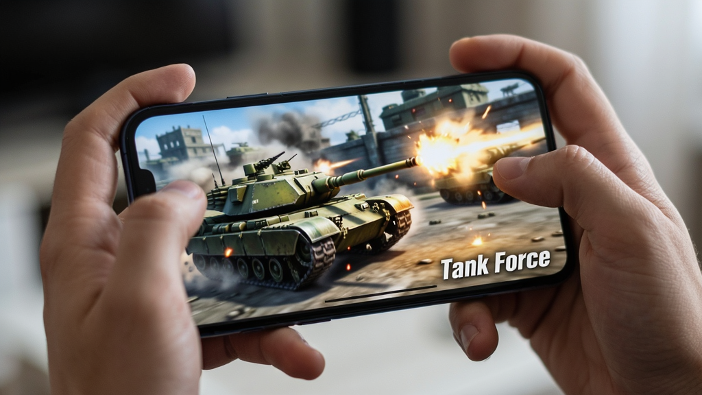 一位玩家双手握持手机横屏玩坦克对战游戏,手机屏幕上显示Tank Force的战斗画面,坦克正在开炮,背景是模糊的室内环境,画面右下角用白色字体写着“Tank Force”,整体采用写实摄影风格,光线柔和,焦点集中在手机屏幕,画质清晰,无多余杂物
