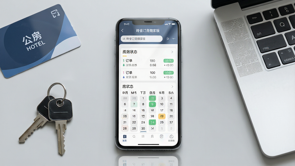 一张展示手机端酒店商家管理应用的场景图,画面中央是一部竖屏智能手机,手机屏幕上显示订单列表和房态日历界面,界面中包含“哗省订房商家版”字样,手机周围有酒店房卡、钥匙和一台笔记本电脑作为点缀,整体布局为居中构图,风格为现代商务简约风格,细节上手机有轻微反光,背景为浅灰色桌面,画质清晰,干净,无多余元素