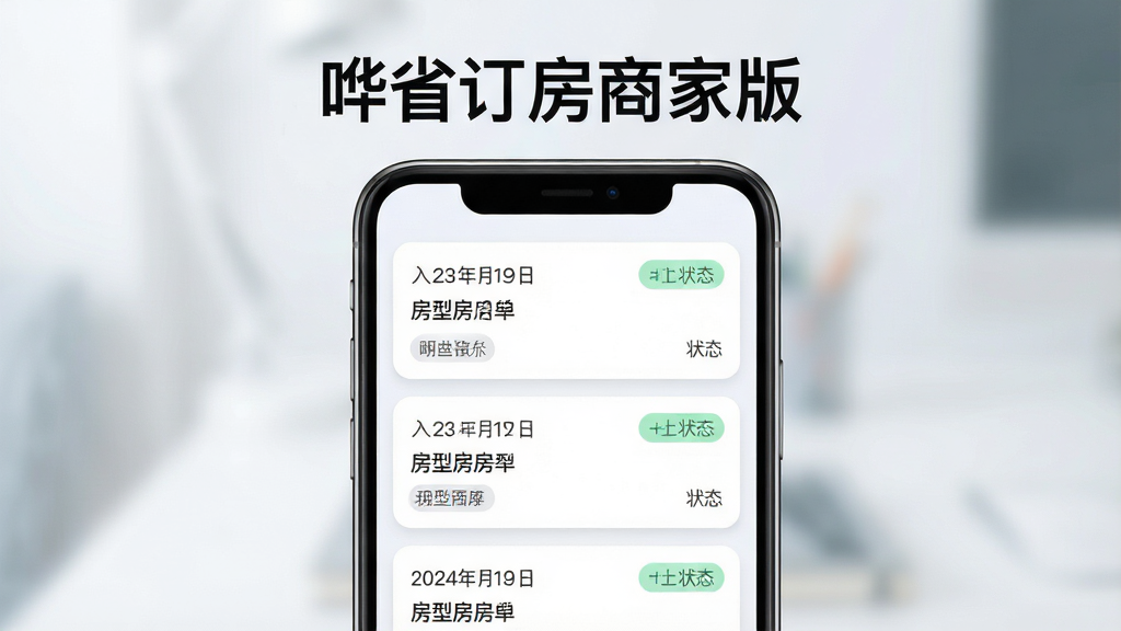 一张手机应用订单管理界面的特写图,画面主体为一部手机,屏幕显示多条订单卡片,每张卡片上有入住日期、房型名称和状态标签,手机上方有“哗省订房商家版”标题文字,布局为手机居中、背景虚化,风格为清爽浅色科技风,细节上卡片有圆角与浅阴影,画质清晰,干净,无多余元素