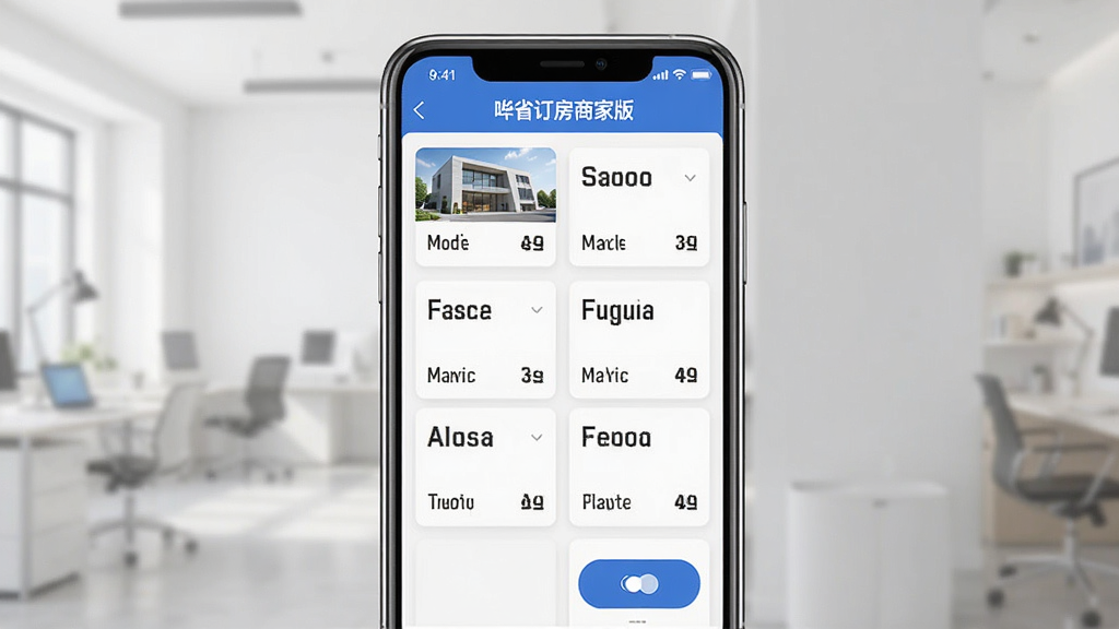 一张展示多门店管理切换界面的手机截图风格图片,画面中手机屏幕显示门店列表和切换按钮,屏幕上方有“哗省订房商家版”文字,布局为手机正面居中,风格为简洁商务风,细节上门店名称以卡片形式排列,画质清晰,干净,无多余元素
