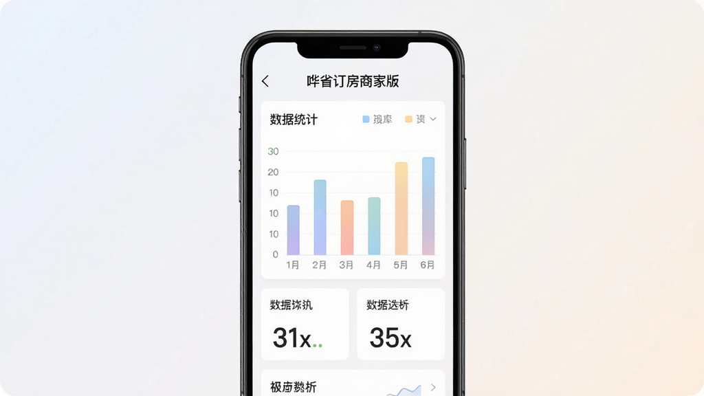 一张手机端数据统计页面的展示图,画面主体为手机屏幕,屏幕上有柱状图和数字指标,顶部有“哗省订房商家版”字样,布局为手机居中、背景为浅色渐变,风格为现代数据可视化风格,细节上图表颜色柔和,画质清晰,干净,无多余元素