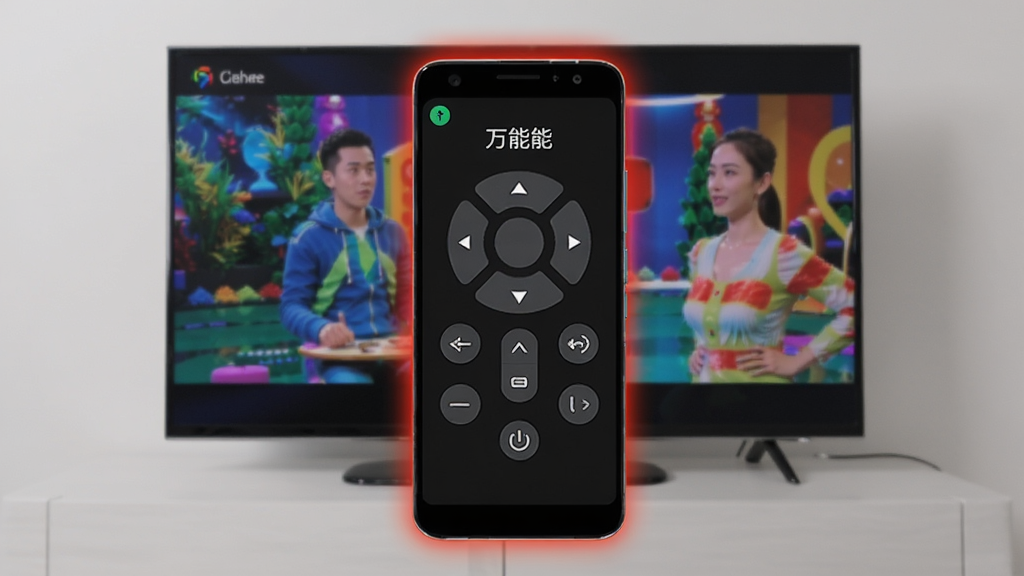 画面中央放置一部安卓智能手机,手机屏幕显示万能电视遥控器王的遥控界面,界面中有方向键、音量键和电源键,手机后方是一台正在播放节目的平板电视,整体布局简洁对称,风格为现代科技感,细节上手机边缘有红外光晕,电视屏幕色彩鲜艳,画质清晰干净,无多余元素