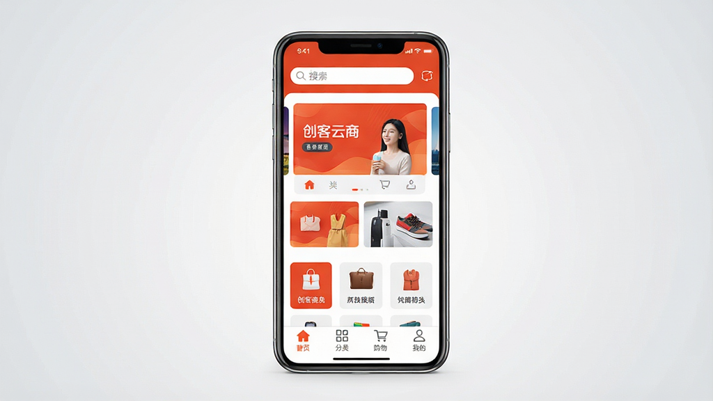 创客云商商城应用主界面展示,画面中央是一部竖屏智能手机,屏幕内呈现商城首页布局,顶部搜索栏,中部轮播横幅与商品分类图标,底部导航栏包含首页、分类、购物车、我的四个入口,整体配色以橙红与白色为主,风格简洁现代,背景为浅灰色渐变,画质清晰,干净,无多余元素