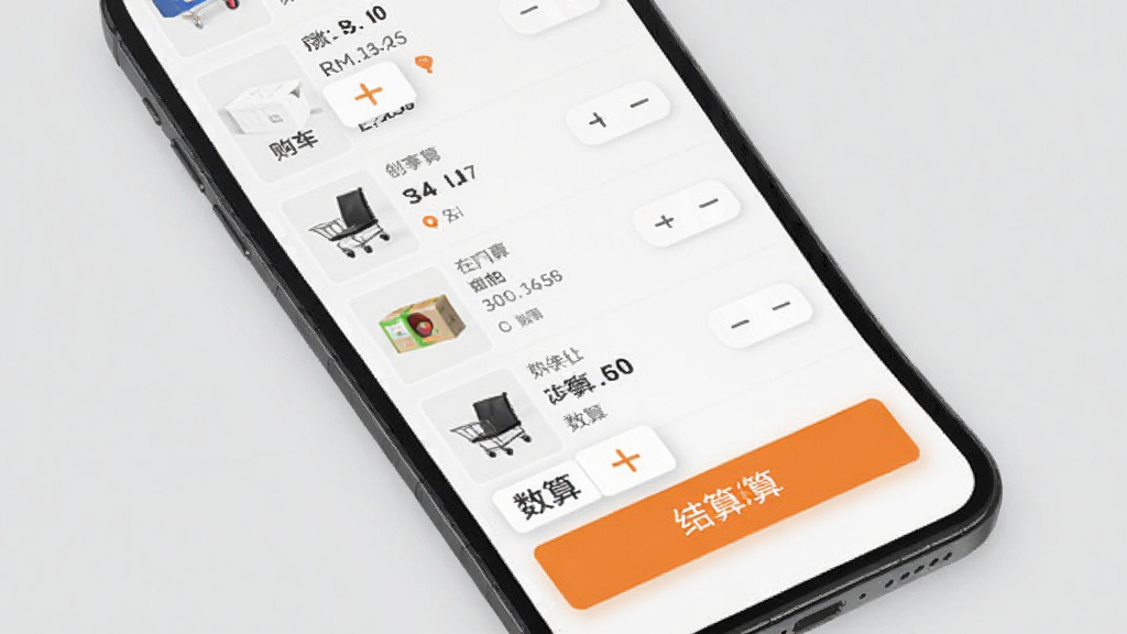 创客云商商城购物车与结算页面,手机屏幕内展示购物车商品列表与结算按钮,画面中有商品缩略图、数量加减按钮与橙色结算条,背景为浅灰色,风格干净利落,画质清晰,无多余元素