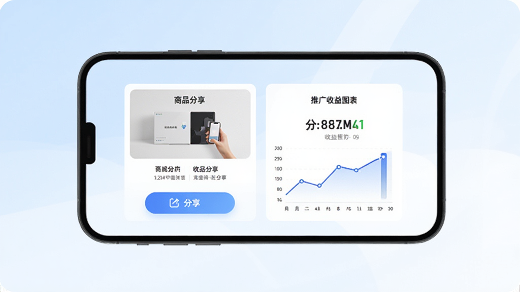 创客云商商城分享与推广页面,手机屏幕内展示商品分享卡片与推广收益图表,画面中有分享按钮与收益数字,背景为浅蓝色与白色渐变,风格现代简洁,画质清晰,干净,无多余元素