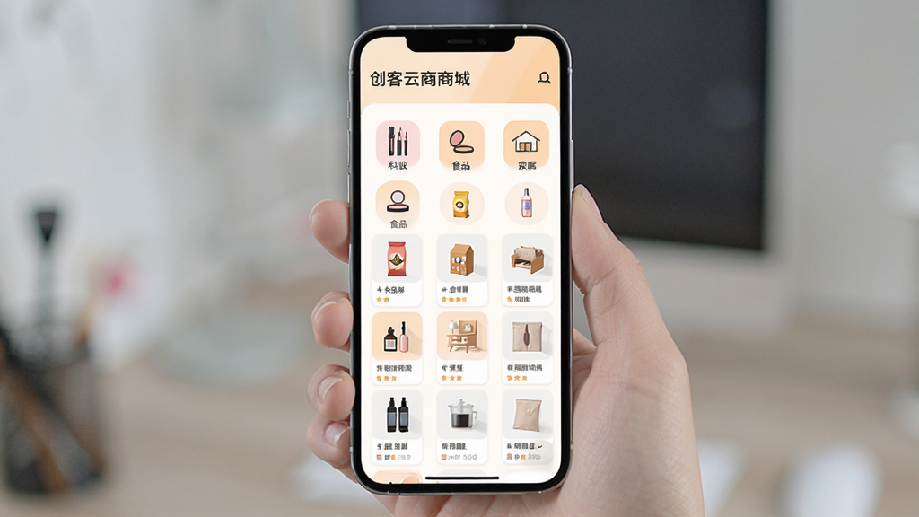 创客云商商城商品分类页面,手机屏幕内展示多个商品分类图标与商品卡片列表,画面中有美妆、食品、家居等小图标,背景为白色与浅橙色搭配,风格清新明快,画质清晰,干净,无多余元素