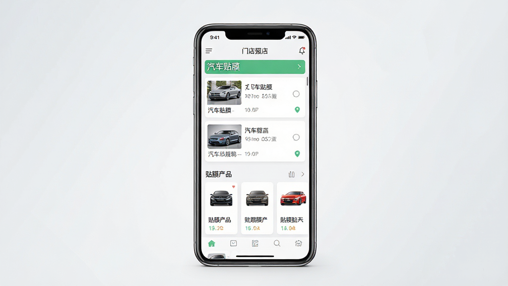一张简洁明亮的手机应用界面展示图,画面中央是一部智能手机,屏幕显示汽车贴膜服务APP首页,界面包含门店列表和贴膜产品分类,背景为浅灰色渐变,风格清新简约,细节清晰,画质干净,无多余元素