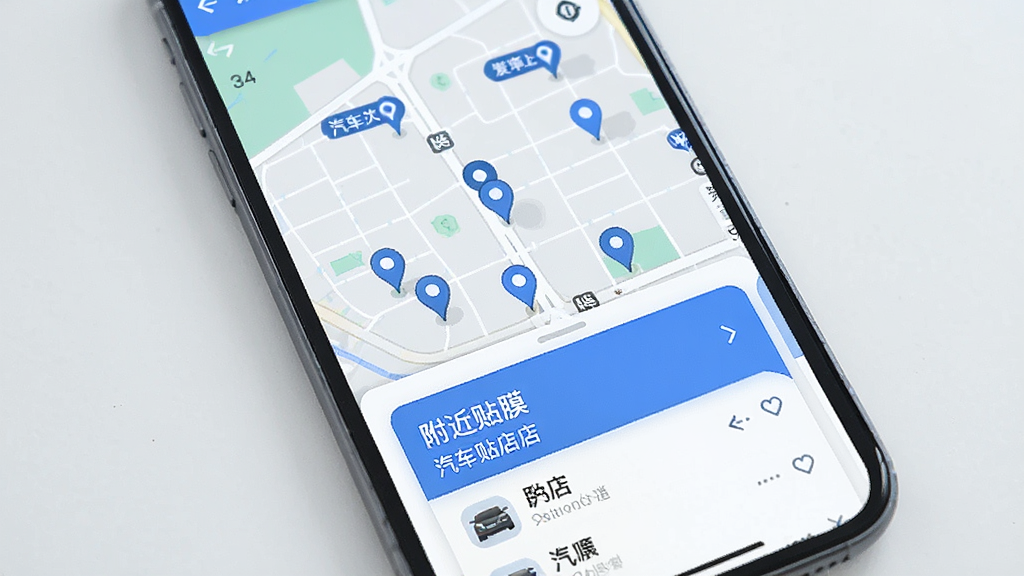 一张展示手机地图定位汽车贴膜门店的界面截图风格图片,画面中手机屏幕显示地图上有多个门店标记点,底部弹出附近门店列表卡片,整体色调为蓝白色系,布局清晰,风格现代简约,画质干净无多余元素