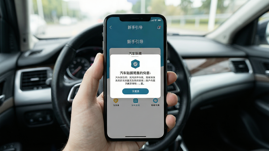 一张展示手机APP新手引导页面的图片,画面中手机屏幕显示汽车贴膜服务APP的操作提示浮层,背景为车内视角的汽车内饰,风格写实清晰,画质干净,无多余元素