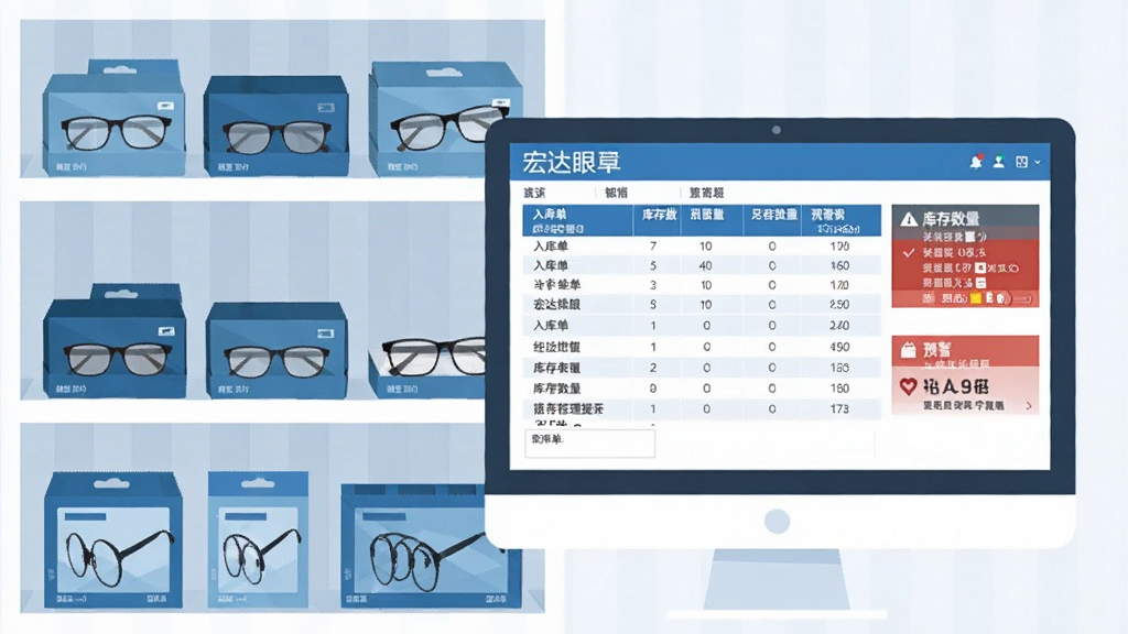 宏达眼镜店经销管理系统进销存管理界面截图风格示意图,画面展示仓库货架与电脑屏幕并排,屏幕上呈现入库单、库存数量、预警提示等数据表格,货架上整齐摆放眼镜盒与镜片包装。风格为扁平化信息图,配色以蓝白为主,细节清晰,画质干净,无多余元素。