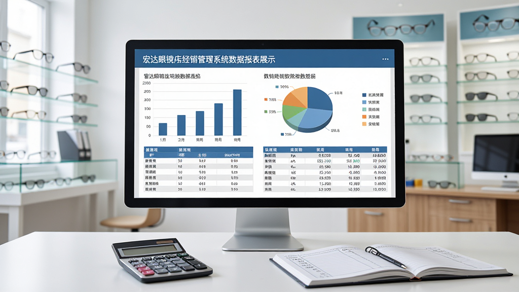 宏达眼镜店经销管理系统数据报表展示图,画面中央是一块大屏幕显示器,屏幕上显示柱状图、饼图和销售数据表格,屏幕前方办公桌上放着计算器和纸质账本,背景为眼镜店办公室环境。风格为现代商务摄影,光线明亮,细节丰富,画质干净,无多余元素。