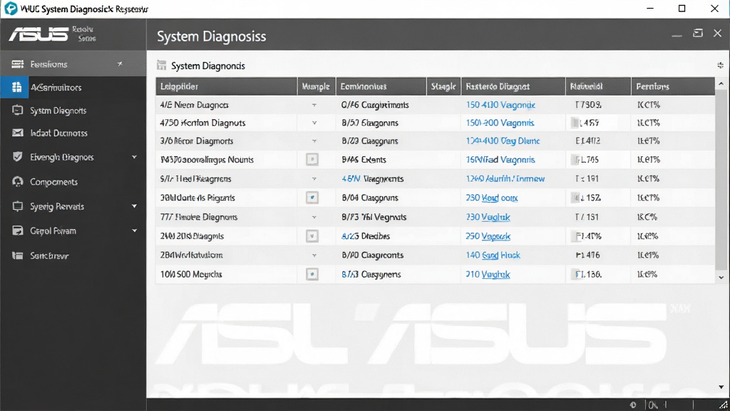 一张展示华硕系统诊断家系统信息总览功能的图片,主体为软件信息面板界面,布局为左右分栏,左侧为分类导航,右侧为详细信息表格,排版规整,风格为商务简约风,细节包括灰色表头、白色背景、蓝色链接文字,画质高清,干净无多余元素