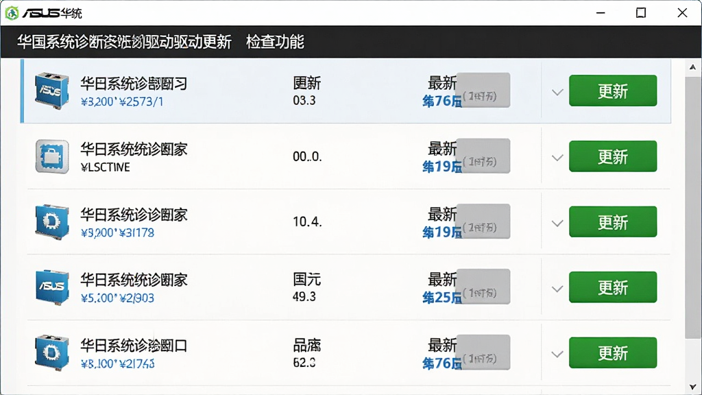 一张展示华硕系统诊断家驱动更新检查功能的图片,主体为软件更新列表界面,布局为垂直列表,排版每行显示驱动名称、当前版本、最新版本和更新按钮,风格为清新浅色风,细节包括绿色更新按钮、灰色已是最新标签、蓝色版本号,画质高清,干净无多余元素