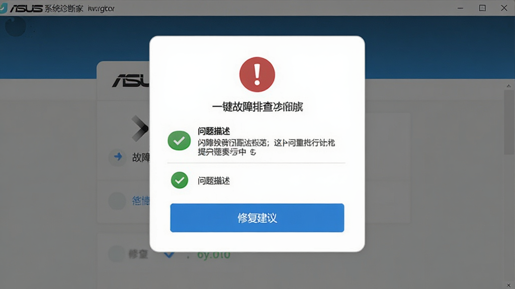 一张展示华硕系统诊断家一键故障排查功能的图片,主体为软件诊断结果页面,布局为居中卡片式设计,排版从上到下依次为故障等级、问题描述、修复建议按钮,风格为清爽简约风,细节包括红色感叹号图标、绿色对勾图标、蓝色操作按钮,画质高清,干净无多余元素