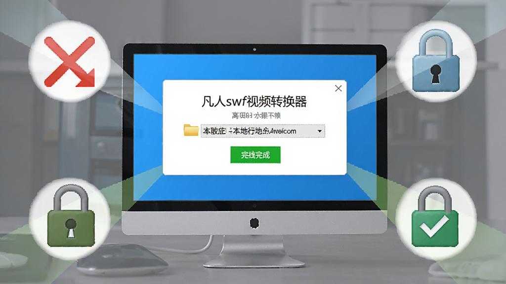 凡人swf视频转换器离线运行示意图,画面为电脑屏幕显示本地转换完成提示,周围有断网图标与安全锁标志,布局为中心辐射式,风格安全可靠感,细节包含本地文件夹路径与完成对勾,画质清晰,干净,无多余元素
