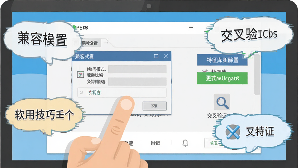 软件PEID的使用技巧示意图,主体为一只手指向电脑屏幕上的PEID结果面板,布局为特写构图,排版将关键提示文字以气泡形式标注,风格为扁平化教学插画,细节包括兼容模式设置窗口、特征库更新按钮、交叉验证工具图标,画质高清,干净,无多余元素