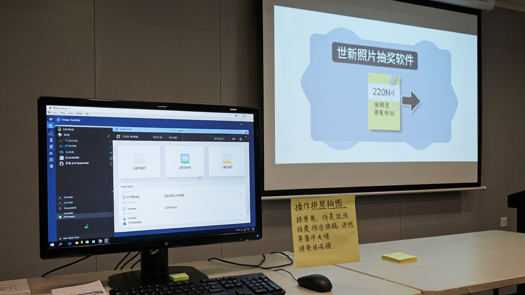 世新照片抽奖软件运行时的电脑桌面截图,展示软件界面与投影大屏同步显示抽奖画面,旁边有操作提示便签,整体场景为活动准备现场,画质高清,干净无多余元素