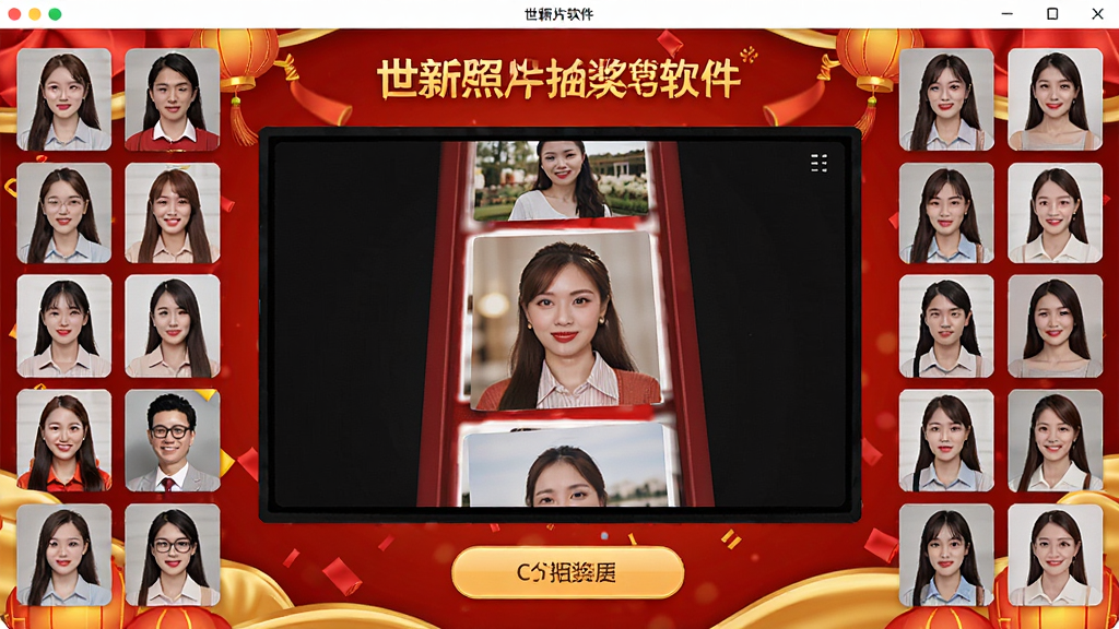 世新照片抽奖软件主界面展示,画面中央是大屏幕滚动照片抽奖区域,四周环绕参与者照片缩略图,背景为喜庆的红色与金色搭配,界面简洁直观,操作按钮清晰可见,整体风格热闹欢快,画质高清,干净无多余元素