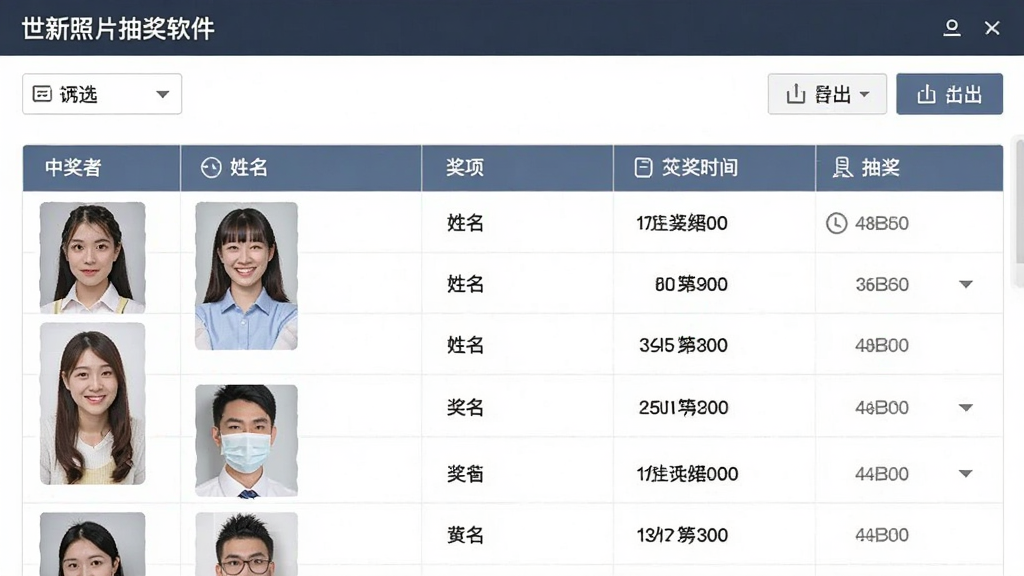 世新照片抽奖软件中奖记录管理界面,表格形式展示中奖者照片、姓名、奖项、抽奖时间等信息,顶部有筛选和导出按钮,界面整洁专业,画质高清,干净无多余元素