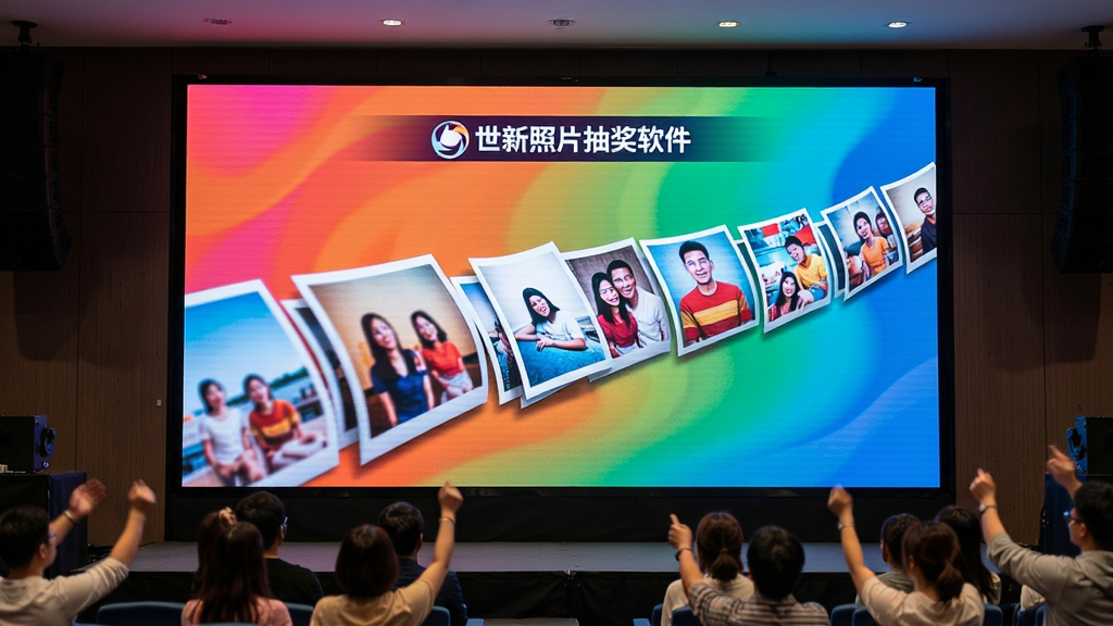 世新照片抽奖软件在大屏幕上全屏展示抽奖过程,照片滚动动画流畅,画面色彩鲜艳,观众在台下观看,现场氛围热烈,画质高清,干净无多余元素