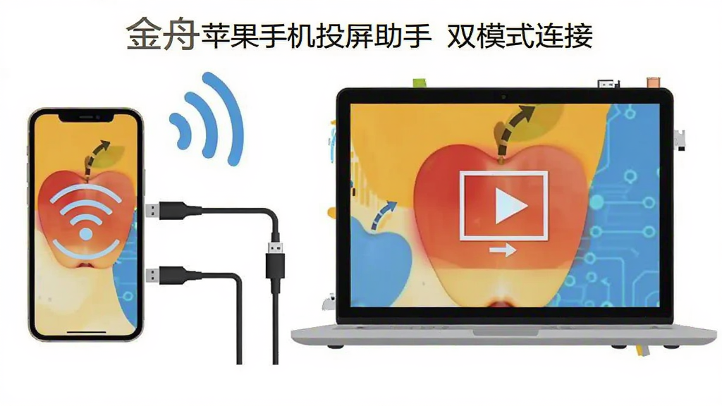 一张展示金舟苹果手机投屏助手双模式连接功能的图片,主体为一部苹果手机和一台笔记本电脑,布局为手机屏幕通过无线信号和USB线两种方式连接到电脑,排版为左右对比形式,风格为扁平化科技插画,细节包括Wi-Fi图标、数据线图标、投屏箭头等,画质清晰,干净,无多余元素