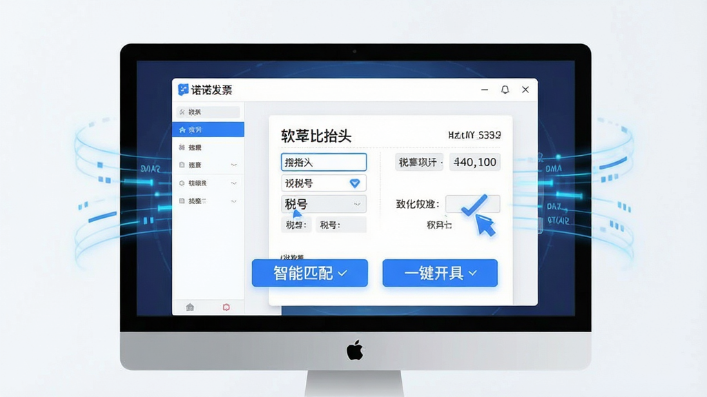 一张展示“诺诺发票”软件智能开票功能的示意图,画面主体为电脑屏幕中软件界面正在自动填充发票抬头与税号,布局为居中展示软件操作窗口,排版突出“智能匹配”与“一键开具”按钮,风格为科技感扁平化设计,细节包含发票元素、数据流光线、蓝色光效,画质高清,干净,无多余元素