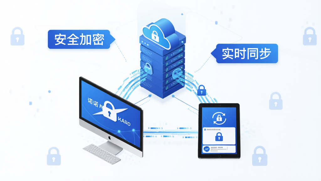 一张表现“诺诺发票”软件数据安全与多端同步的概念图,画面主体为电脑、手机、平板三端环绕云端服务器,布局呈三角形构图,排版突出“安全加密”与“实时同步”文字标签,风格为现代科技蓝调,细节包含锁形图标、数据流线条、航天信息Logo元素,画质高清,干净,无多余元素