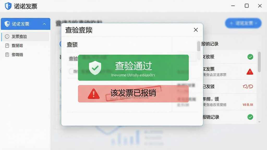 一幅描绘“诺诺发票”软件发票查验与防重功能的场景图,画面主体为软件弹窗显示“查验通过”和“该发票已报销”提示,布局为左右分栏展示查验结果与报销记录,排版清晰直观,风格为商务安全风,细节包含盾牌图标、对勾标记、红色预警标识,画质高清,干净,无多余元素