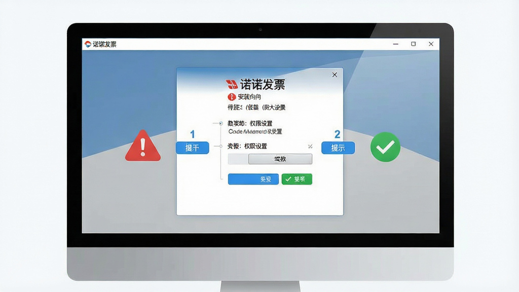 一张“诺诺发票”软件新手操作提示的图文示意图,画面主体为电脑屏幕显示安装向导与权限设置界面,布局为步骤式排版,风格为简洁教程风,细节包含红色警告图标、蓝色提示标签、绿色勾选标记,画质高清,干净,无多余元素