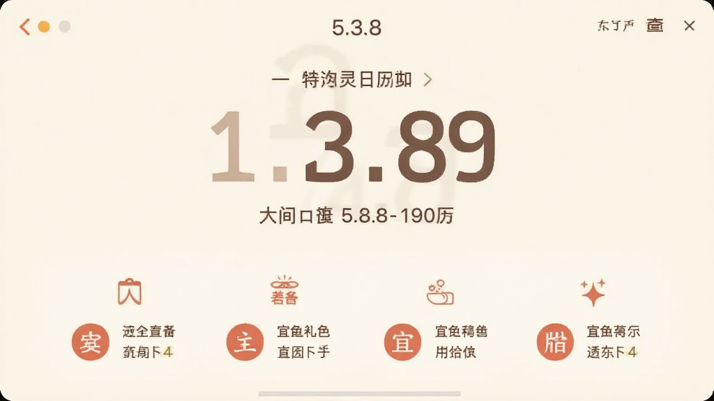 有灵日历 5.3.8 版本官方主界面截图,画面中央展示清晰的日期数字与农历信息,下方排列宜忌事项图标,配色以温暖的米白与朱红为主,界面干净无广告,整体风格简约现代,画质清晰,无多余元素
