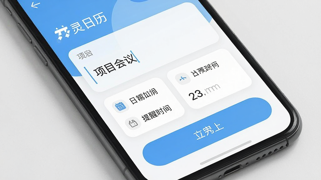 有灵日历 日程添加页面 手机界面,画面展示用户正在输入“项目会议”标题,下方选择日期与提醒时间,界面按钮为圆角设计,配色清爽,风格现代,画质清晰,无多余元素