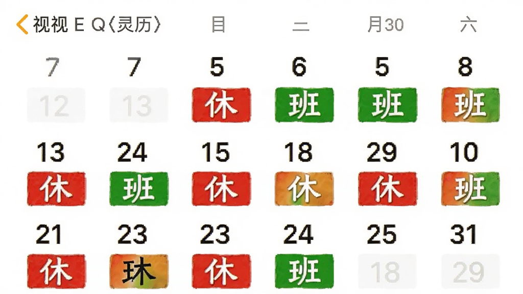有灵日历 月视图界面 手机截图,画面中日期数字下方用红色标注“休”字,绿色标注“班”字,一目了然,背景为纯白色,字体清晰,风格极简,画质干净,无多余元素