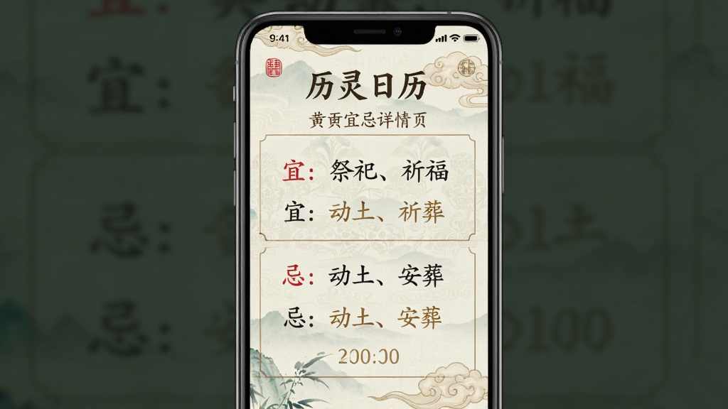 有灵日历 黄历宜忌详情页 手机界面,画面中清晰展示“宜:祭祀、祈福”、“忌:动土、安葬”等字样,背景为淡雅的中国风纹理,文字排版整齐,风格古朴典雅,画质细腻,无多余装饰